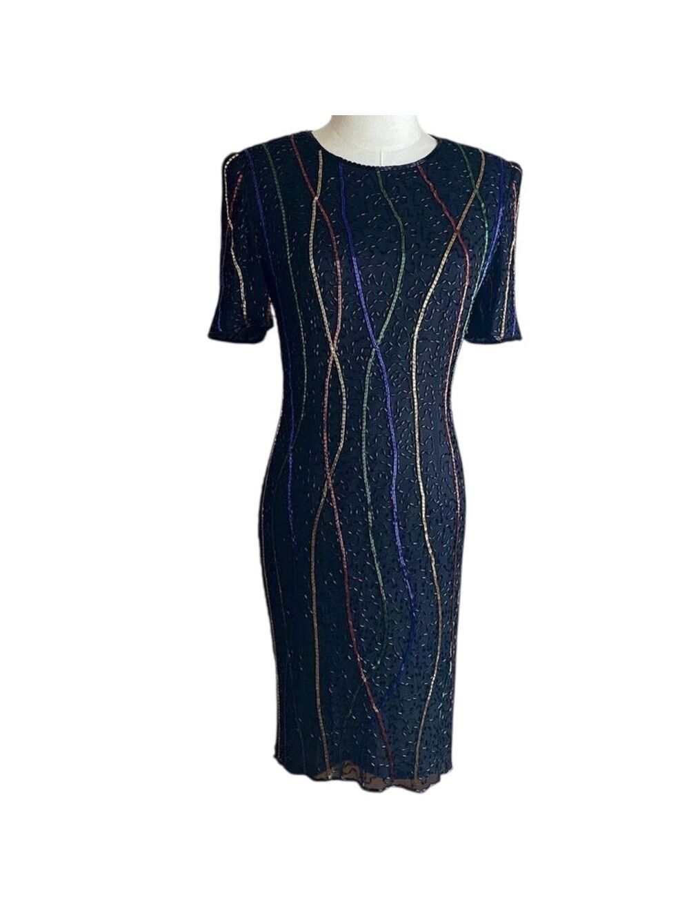 Vintage 80s 100% Silk Hand Beaded Cocktail Dress Short Sleeve Rainbow